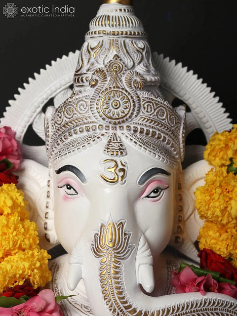 19" Brass Blessing Lord Ganesha Statue in White | Hand Painted