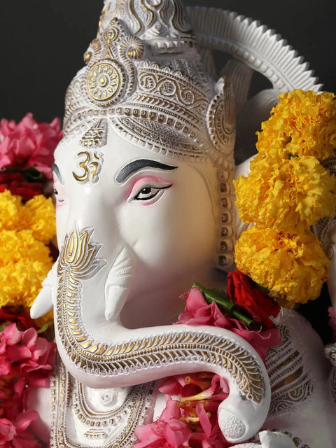 19" Brass Blessing Lord Ganesha Statue in White | Hand Painted