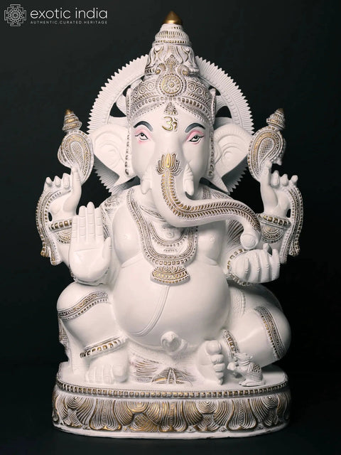 19" Brass Blessing Lord Ganesha Statue in White | Hand Painted