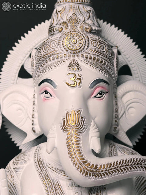 19" Brass Blessing Lord Ganesha Statue in White | Hand Painted