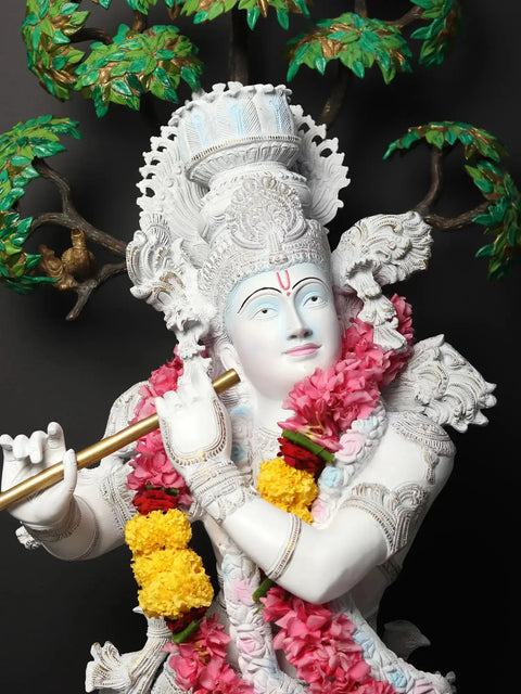 58" Superfine Lord Krishna Playing Bansuri (Flute) | Brass Statue Hand Painted