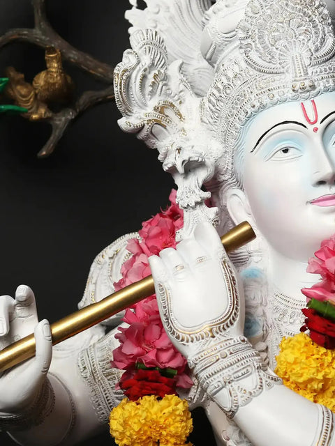 58" Superfine Lord Krishna Playing Bansuri (Flute) | Brass Statue Hand Painted
