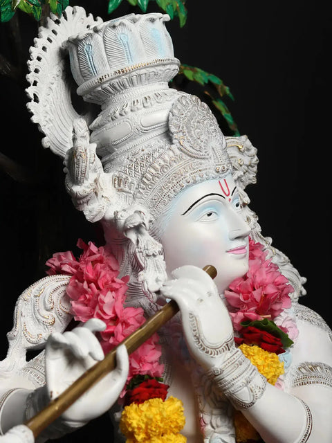 58" Superfine Lord Krishna Playing Bansuri (Flute) | Brass Statue Hand Painted