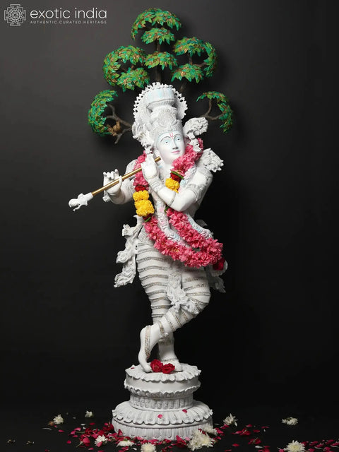 58" Superfine Lord Krishna Playing Bansuri (Flute) | Brass Statue Hand Painted