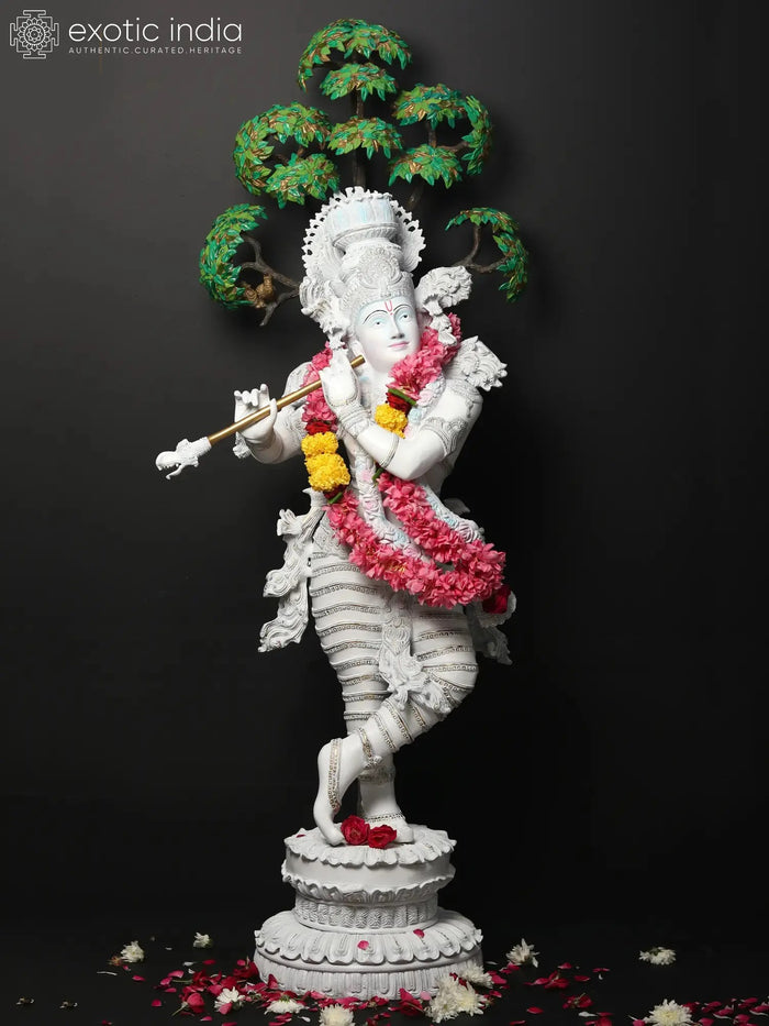 58" Lord Krishna Playing Bansuri Brass Statue Hand Painted