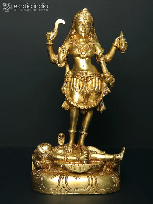 11" Brass Goddess Kali Statue Standing on Lord Shiva for Pooja