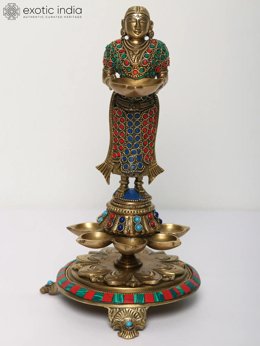 11" Brass Deeplakshmi Idol with Inlay Work for Pooja
