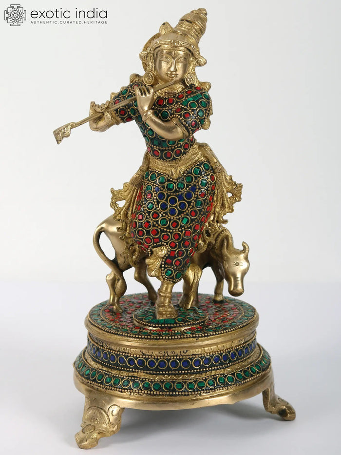 11" Brass Lord Krishna Flute Player Statue with Inlay Work