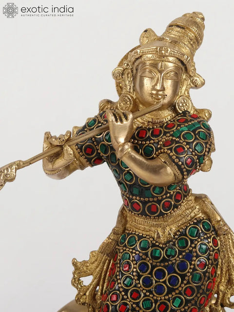 11" Brass Lord Krishna Playing Flute with Cow | with Inlay Work
