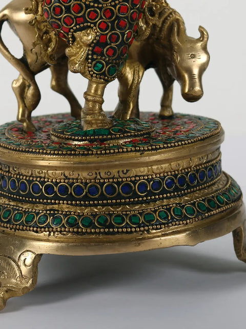 11" Brass Lord Krishna Playing Flute with Cow | with Inlay Work