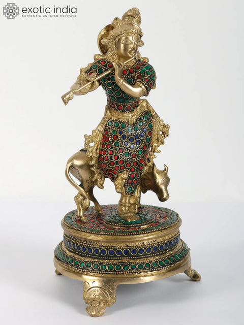 11" Brass Lord Krishna Playing Flute with Cow | with Inlay Work
