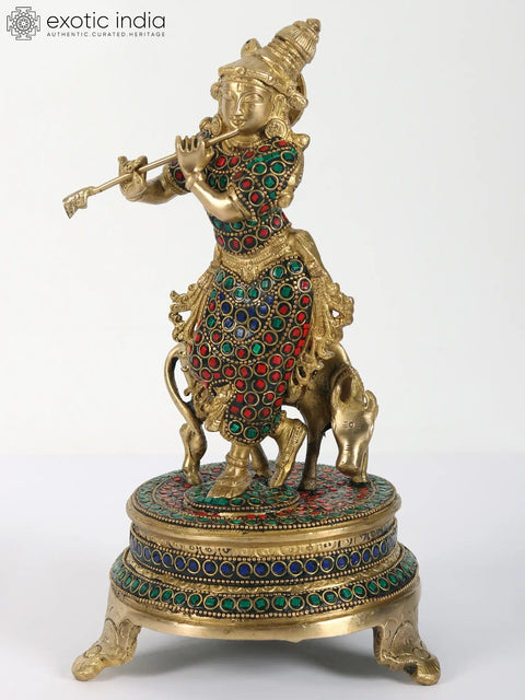 11" Brass Lord Krishna Playing Flute with Cow | with Inlay Work