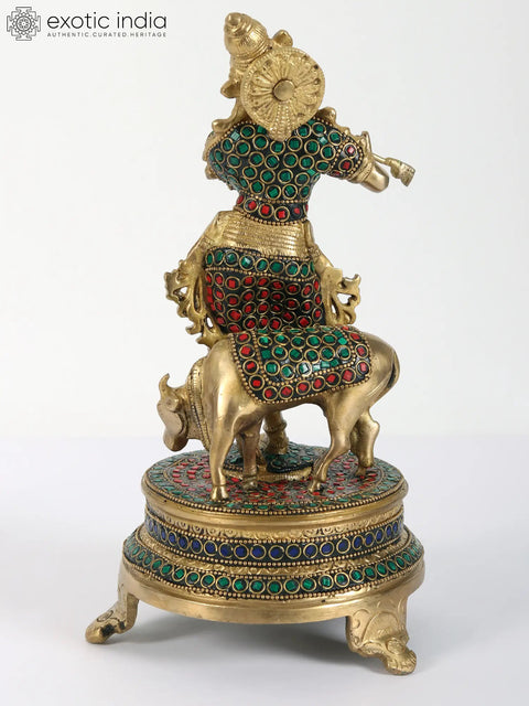 11" Brass Lord Krishna Playing Flute with Cow | with Inlay Work