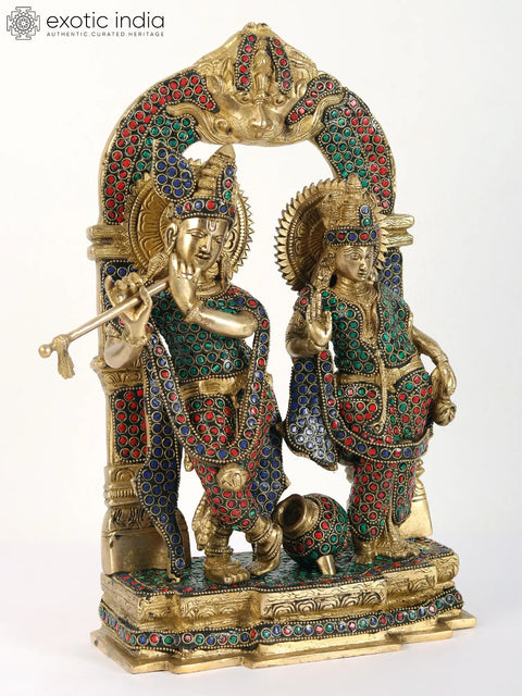 14" Radha Krishna with Milk Pot | Brass with Inlay Work