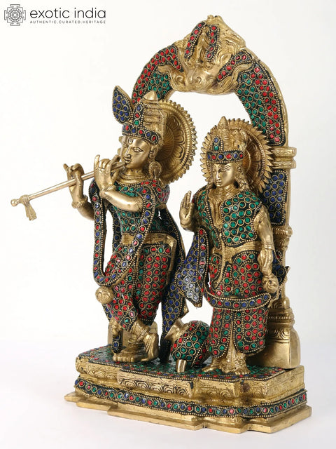 14" Radha Krishna with Milk Pot | Brass with Inlay Work