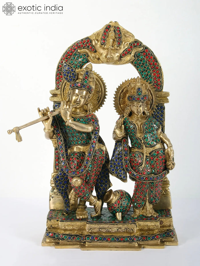 14" Radha Krishna with Milk Pot Brass Statue Handmade Inlay