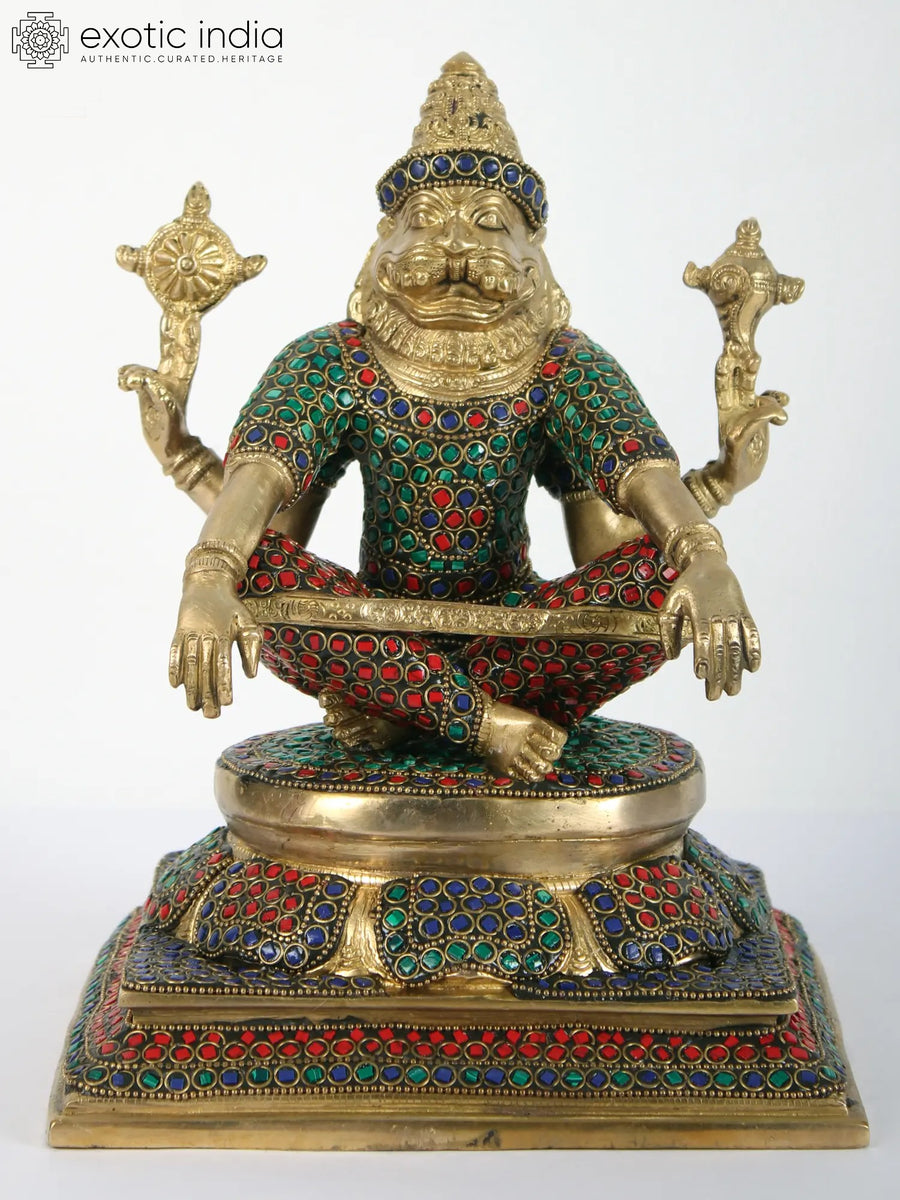 10" Lord Narasimha Yoga Mudra Brass Statue with Inlay Work