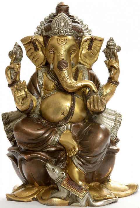 9" Kamalasana Ganesha Idol with Om (AUM) and Trident Mark on Forehead | Handmade Brass Statue | Made in India
