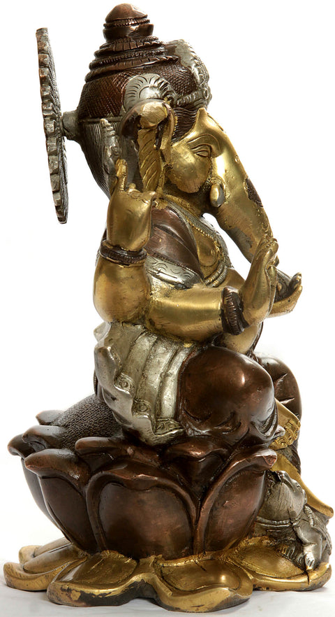 9" Kamalasana Ganesha Idol with Om (AUM) and Trident Mark on Forehead | Handmade Brass Statue | Made in India