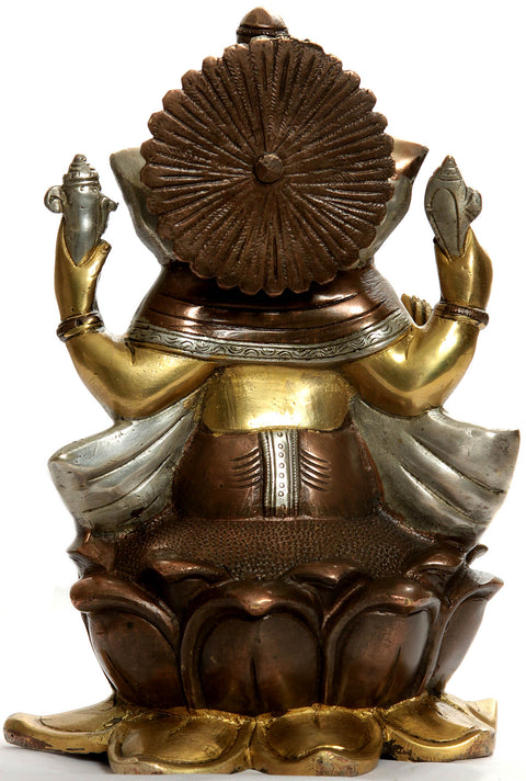 9" Kamalasana Ganesha Idol with Om (AUM) and Trident Mark on Forehead | Handmade Brass Statue | Made in India