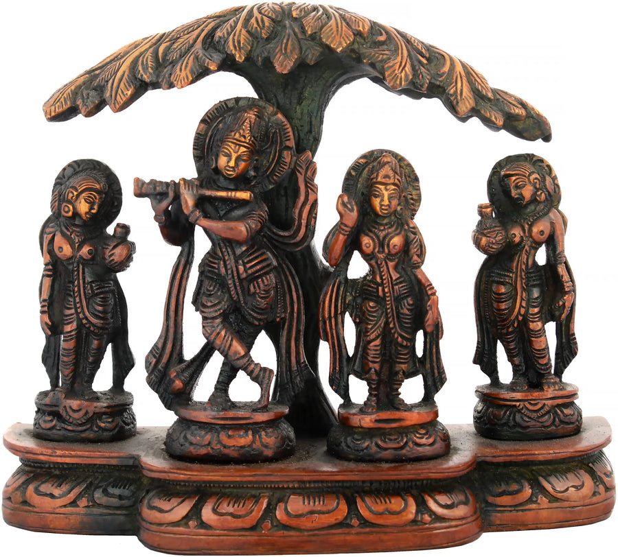 5" Krishna with Radha and Gopis Handmade Brass Idol for Pooja