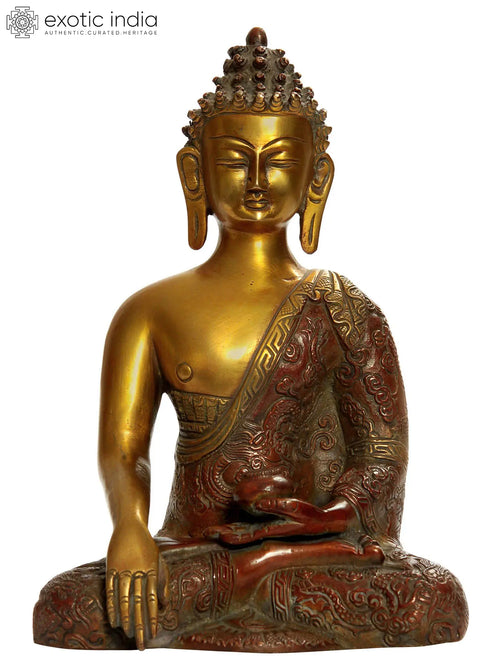 9" Bhumisparsha Buddha Brass Statue with Auspicious Symbols