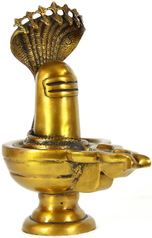13" Brass Shiva Linga with Shesh Serpent Canopy Handmade Statue