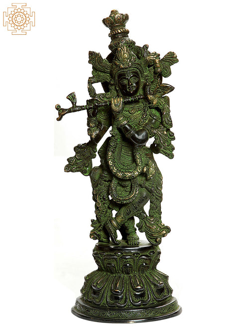 15" Handmade Fluting Krishna Brass Statue