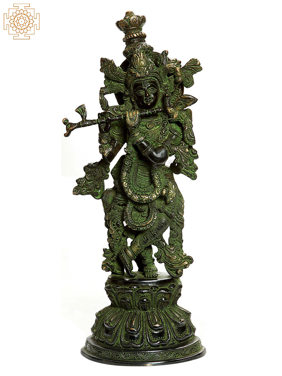 15" Handmade Fluting Krishna Brass Statue
