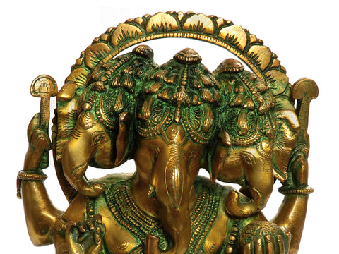 12" Three-headed Dancing Ganesha Brass Statue | Handmade | Made in India