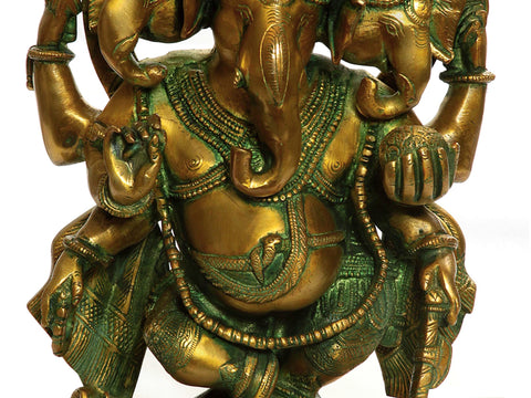 12" Three-headed Dancing Ganesha Brass Statue | Handmade | Made in India