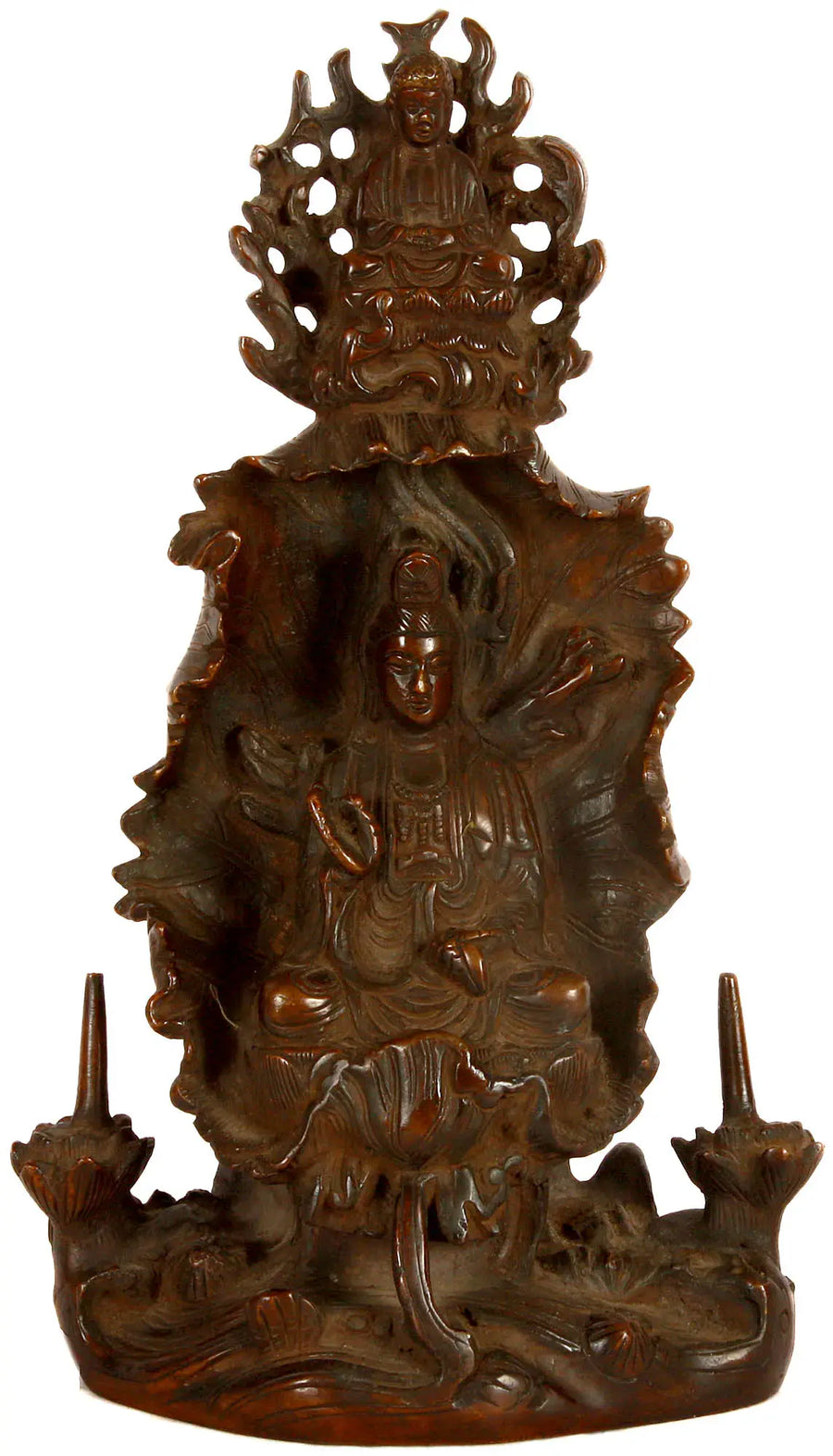 Kuan Yin Goddess of Compassion Brass Statue with Amitabha Buddha