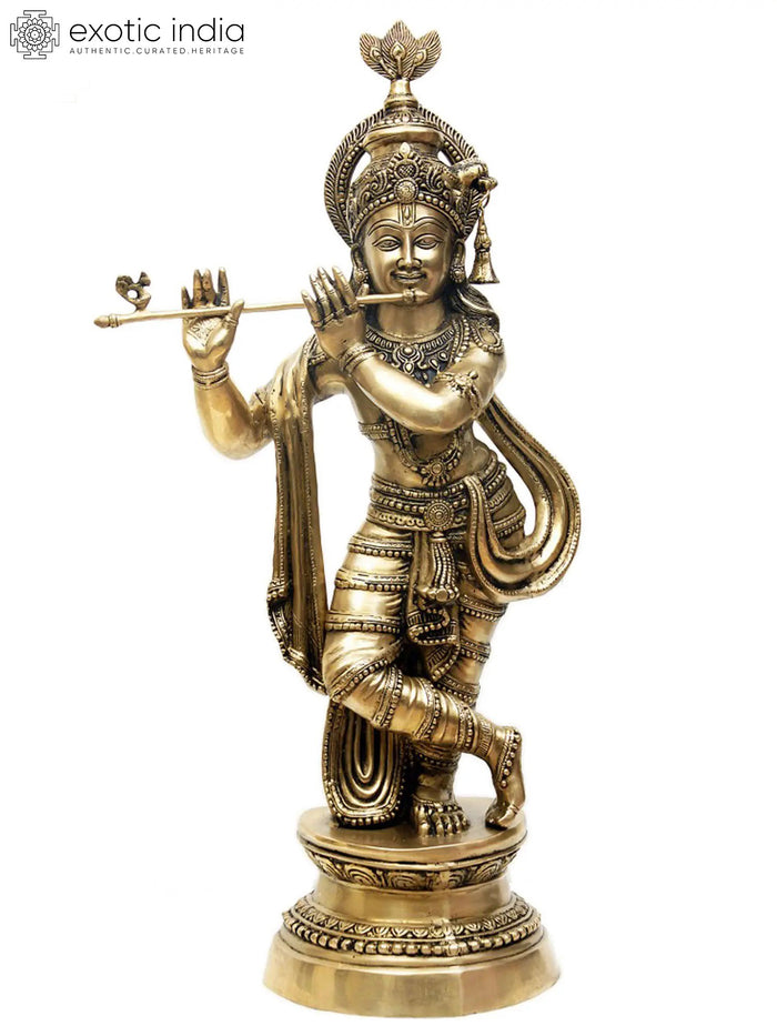 36" Handmade Large Brass Fluting Krishna Statue - Authentic Indian Craftsmanship