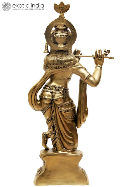 36" Handmade Large Brass Fluting Krishna Statue - Authentic Indian Craftsmanship