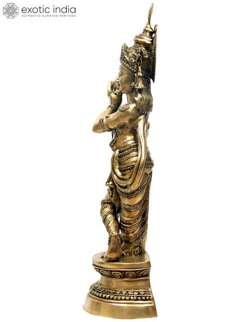 36" Handmade Large Brass Fluting Krishna Statue - Authentic Indian Craftsmanship