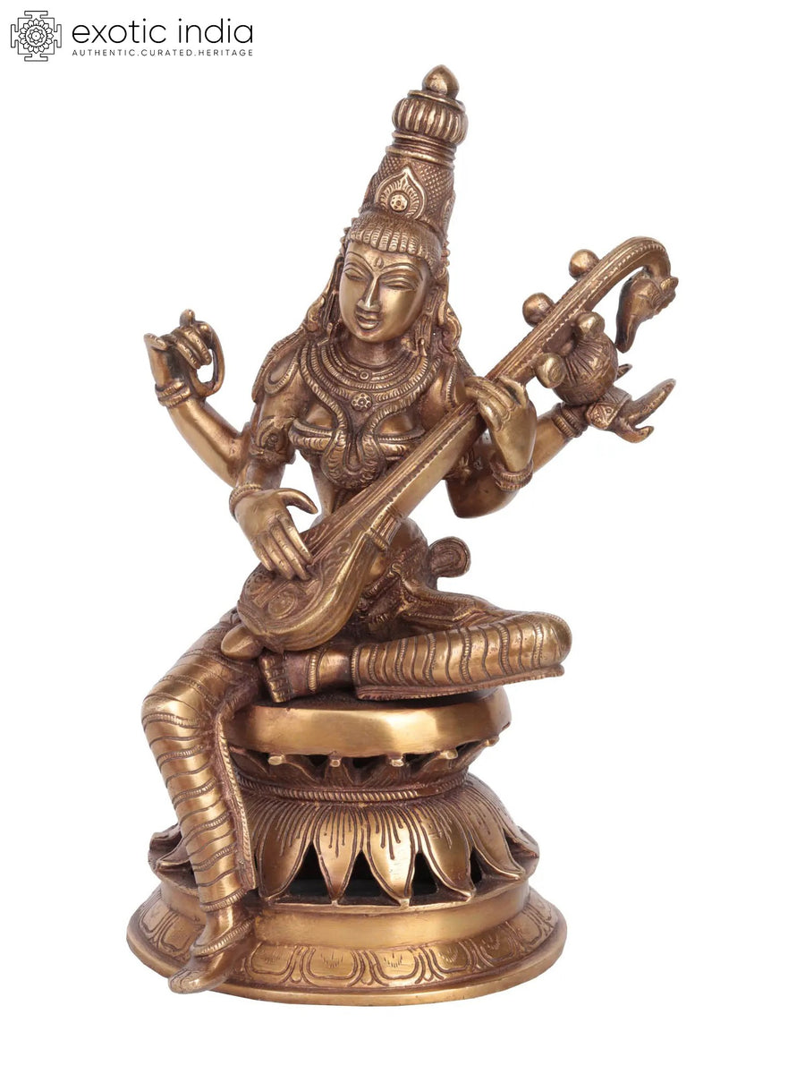 12" Brass Goddess Saraswati Statue Playing Veena Handmade