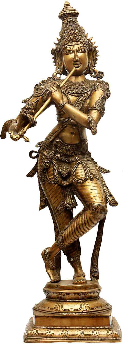 34" Large Size Krishna in ‘Tri-bhang’ Aspect | Handmade Brass Statue