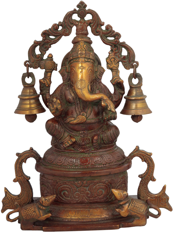 8" Handmade Brass Ganesha Statue with Hanging Bells and Aureole