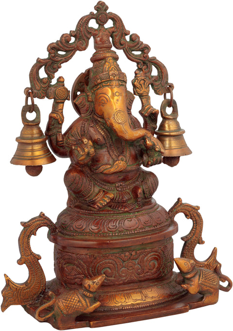 8" Lord Ganesha Seated on High Pedestal with Hanging Bells Aureole in Brass | Handmade | Made in India