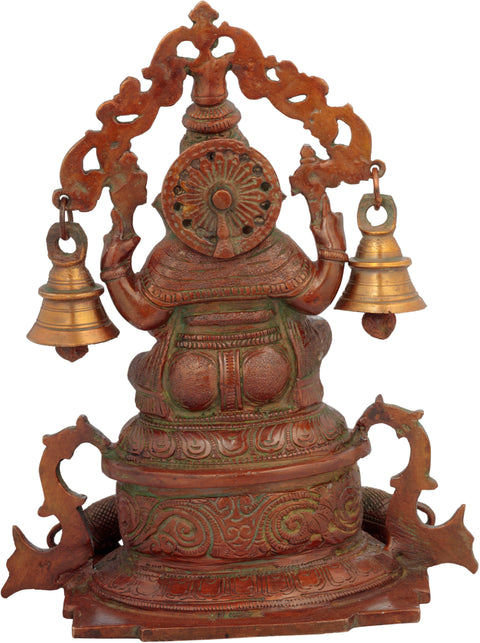 8" Lord Ganesha Seated on High Pedestal with Hanging Bells Aureole in Brass | Handmade | Made in India