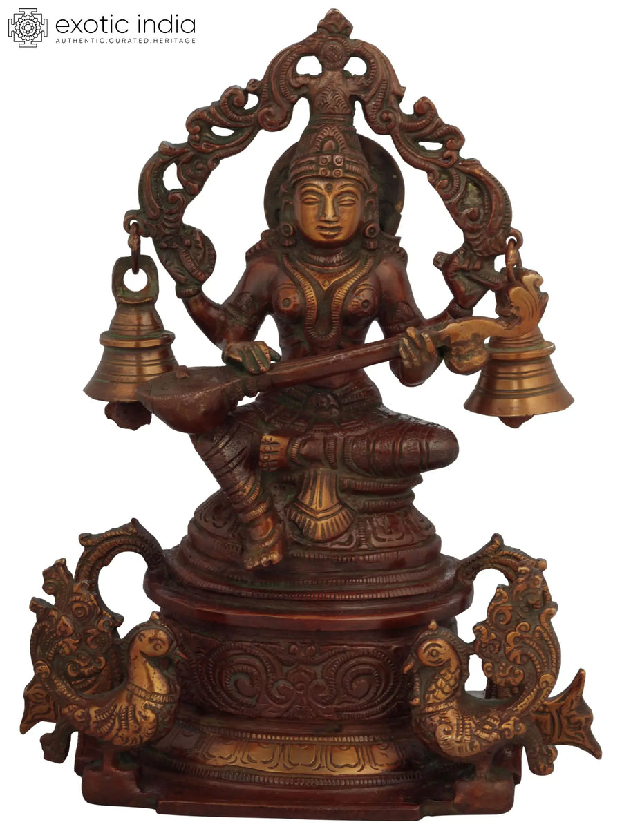 8" Brass Goddess Saraswati Seated Idol with Hanging Bells