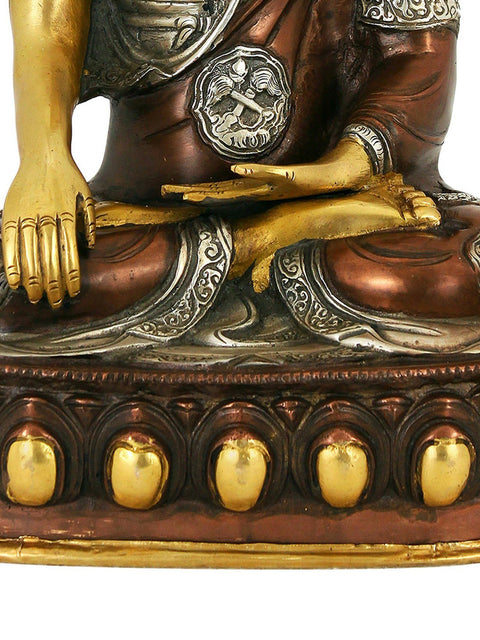 14" Seated Buddha in Bhumisparsha Mudra (Robes Engraved with Auspicious Symbols) In Brass | Handmade | Made In India