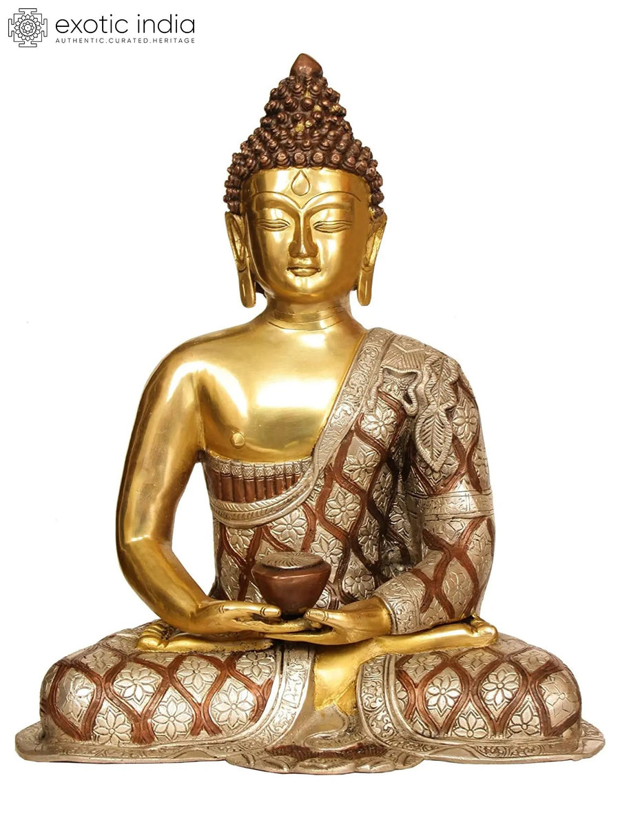17" Lord Buddha Dhyana Mudra Brass Statue with Lotus Flower Robes