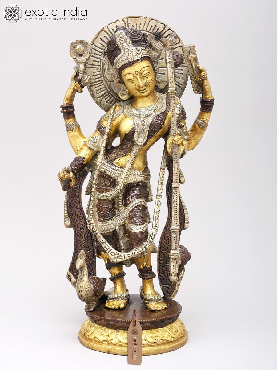 12" Goddess Saraswati Tribhanga Pose Brass Statue Handmade