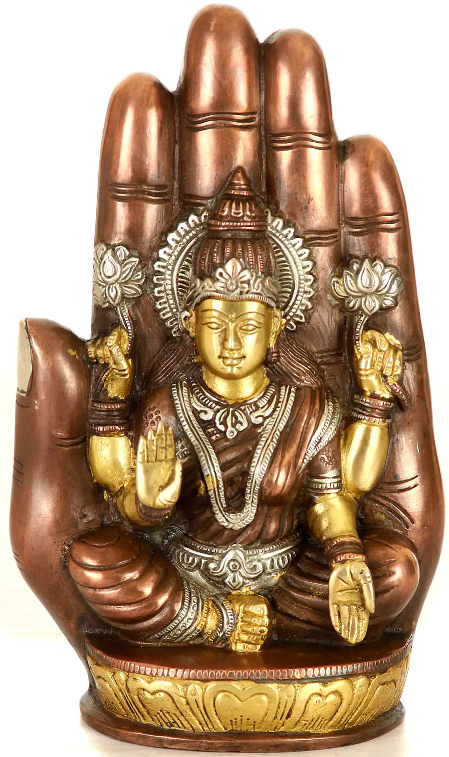 9" Brass Goddess Lakshmi Idol Seated on Lotus Handmade