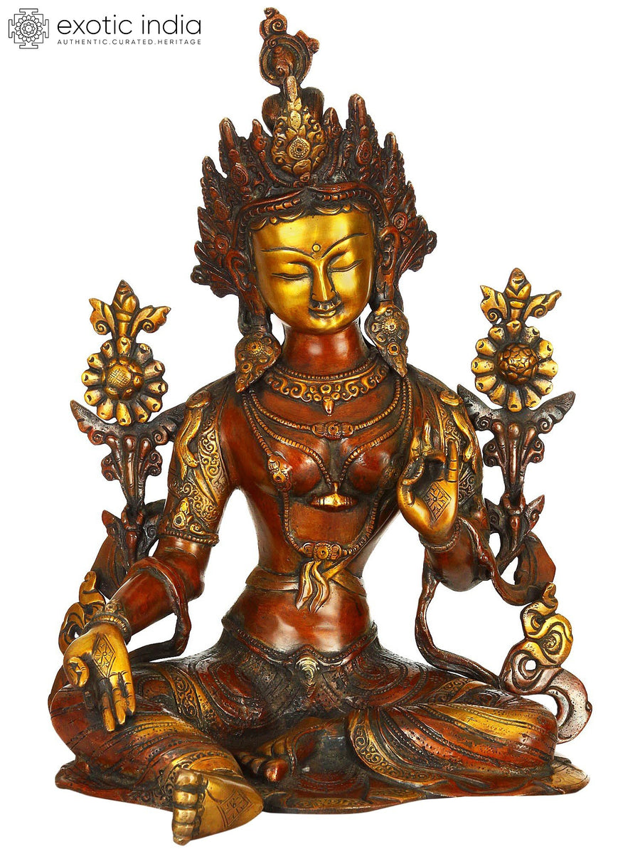 15" Green Tara Brass Statue Handmade Buddhist Goddess Idol