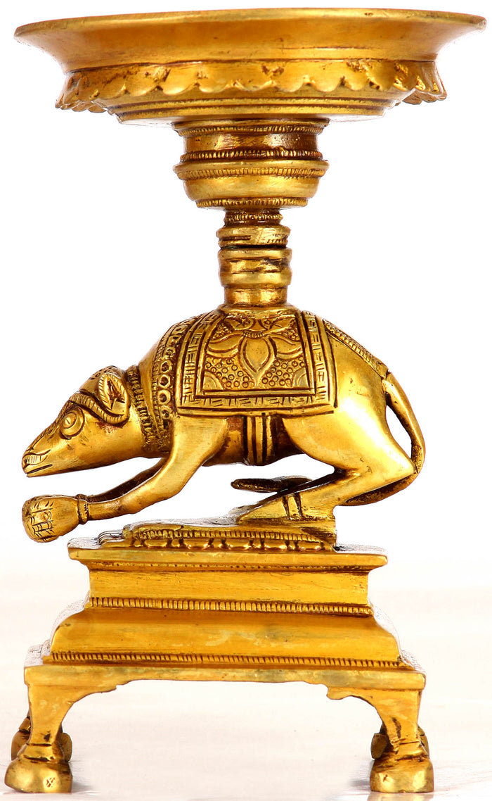6" Brass Ganesha Puja Lamp with Rat Support Pair Handmade