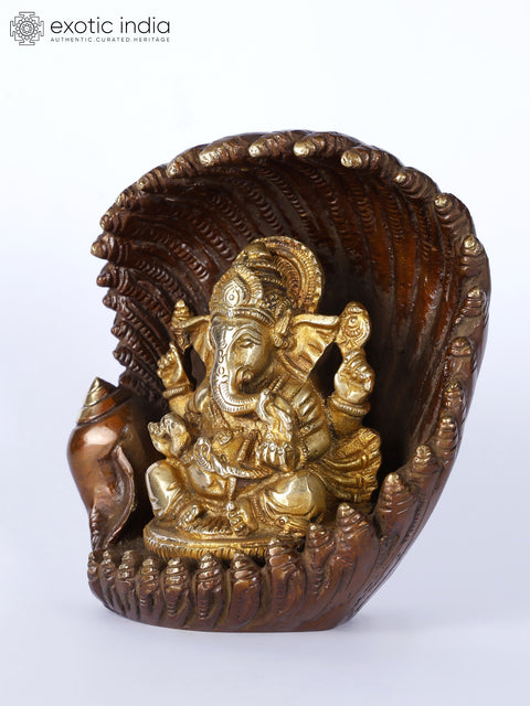 5" Lord Ganesha in an Oyster | Brass Statue