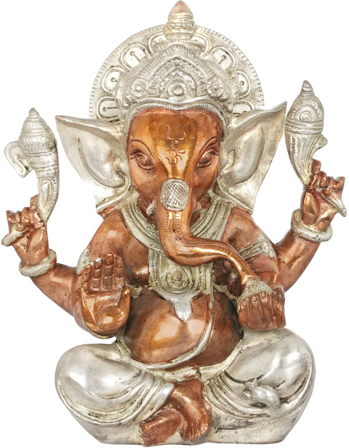 8" Lord Ganesha Brass Idol Eating Modak Handmade Statue