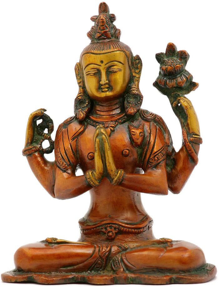 6" Chenrezig (Shadakshari Lokeshvara) Idol in Brass | Handmade | Made in India